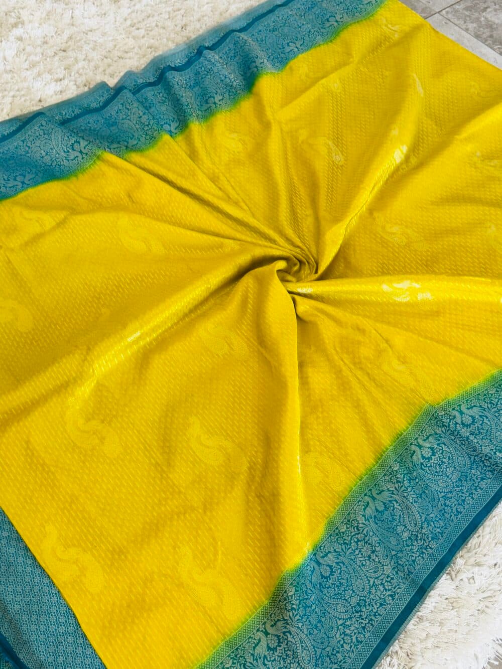 Georgette Silk Banarasi Saree - Yellow and Blue - Image 8