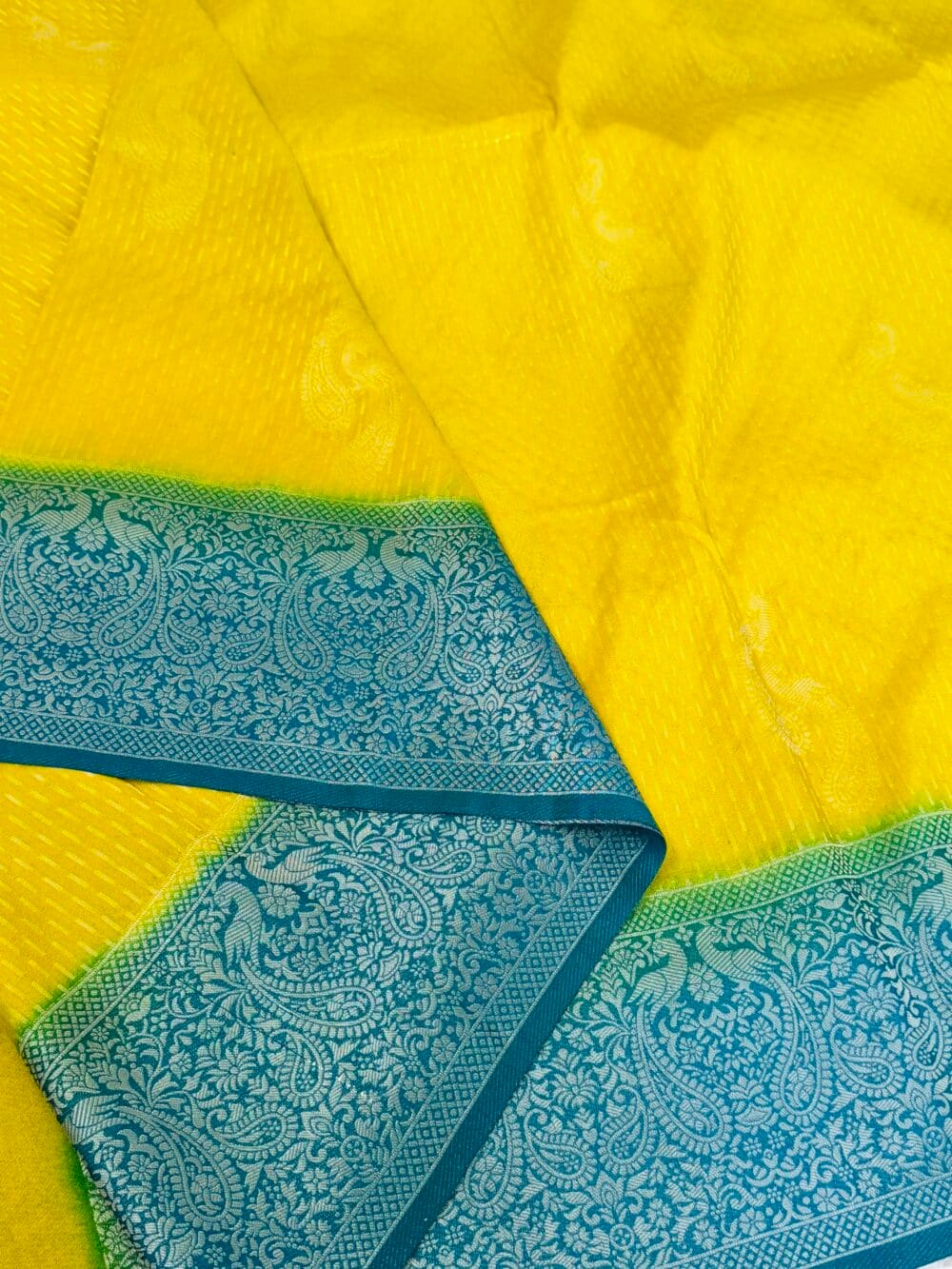 Georgette Silk Banarasi Saree - Yellow and Blue - Image 2