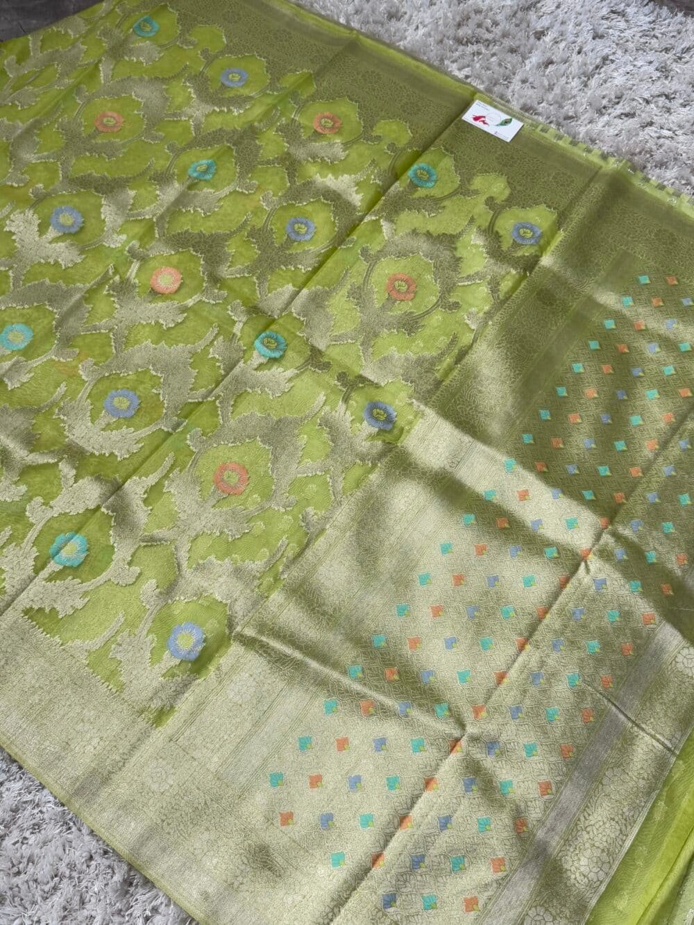 Pure Organza Silk Saree - Green - Image 6