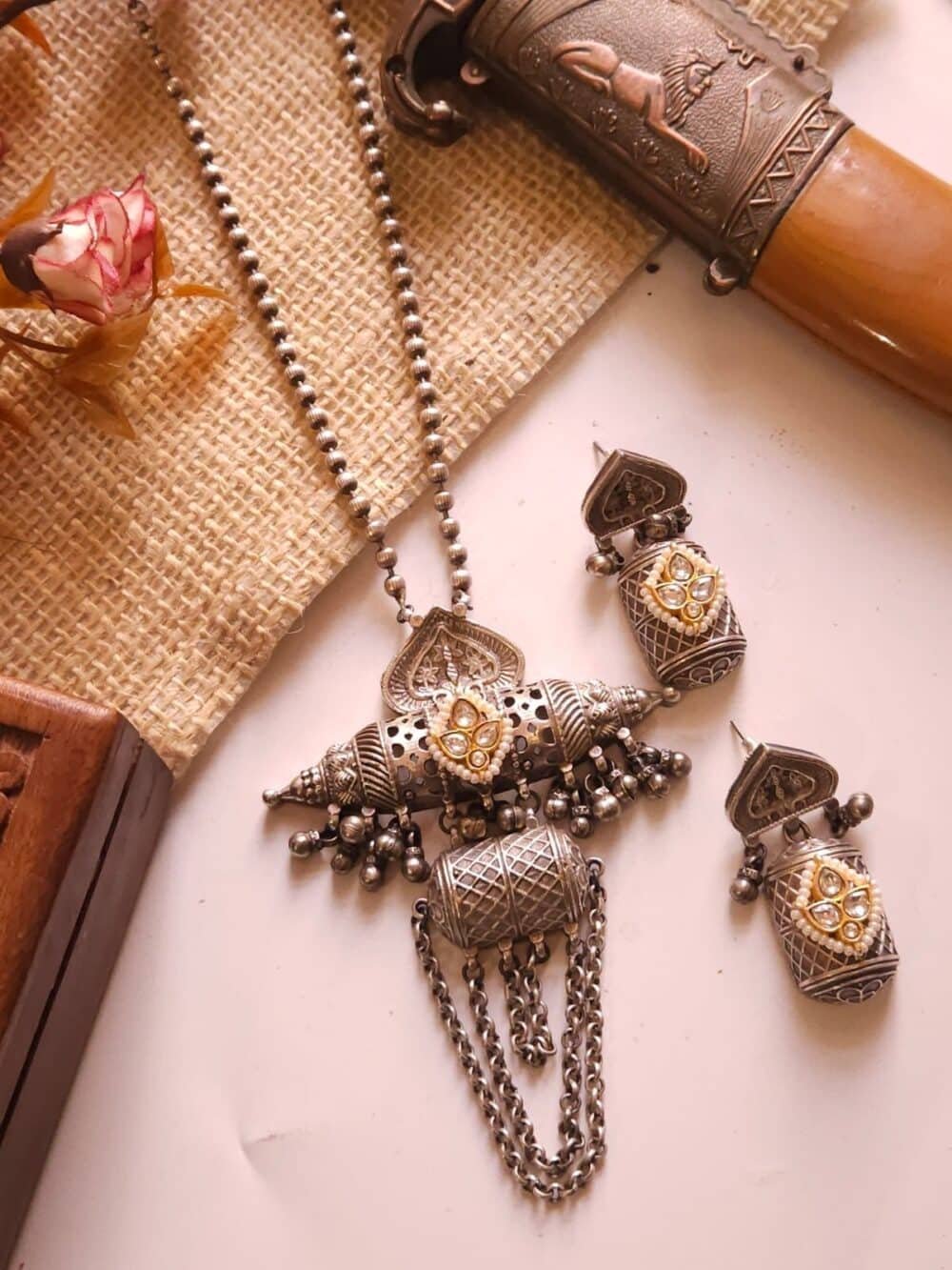 Antique German Silver long necklace with polki and bead details