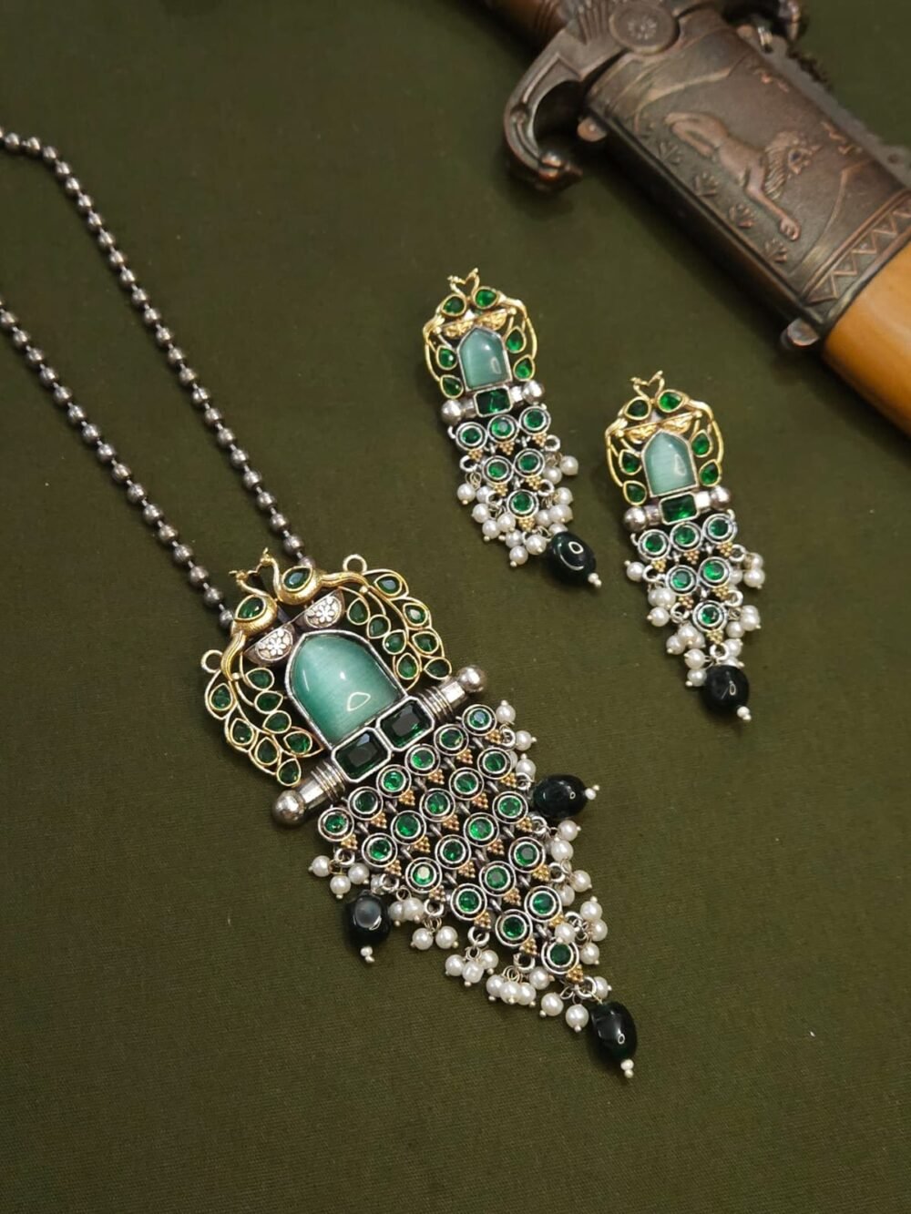Beautiful German silver necklace set with Mint green stone detailing