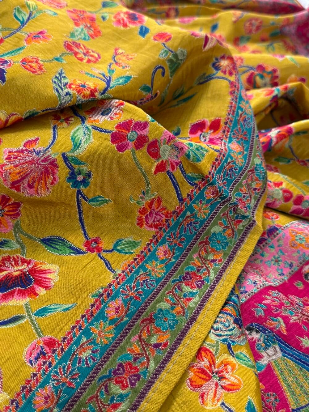 Pure Munga Silk Banarasi Saree - Kanchi Australia's Exclusive - Yellow Floral - Image 6