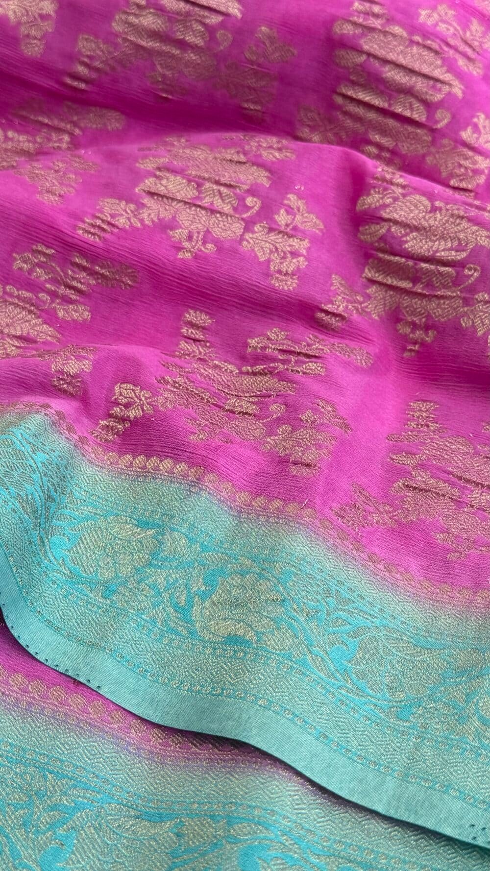 Georgette Silk Crushed Banarasi Saree - Candy Pink with Ice Blue Border