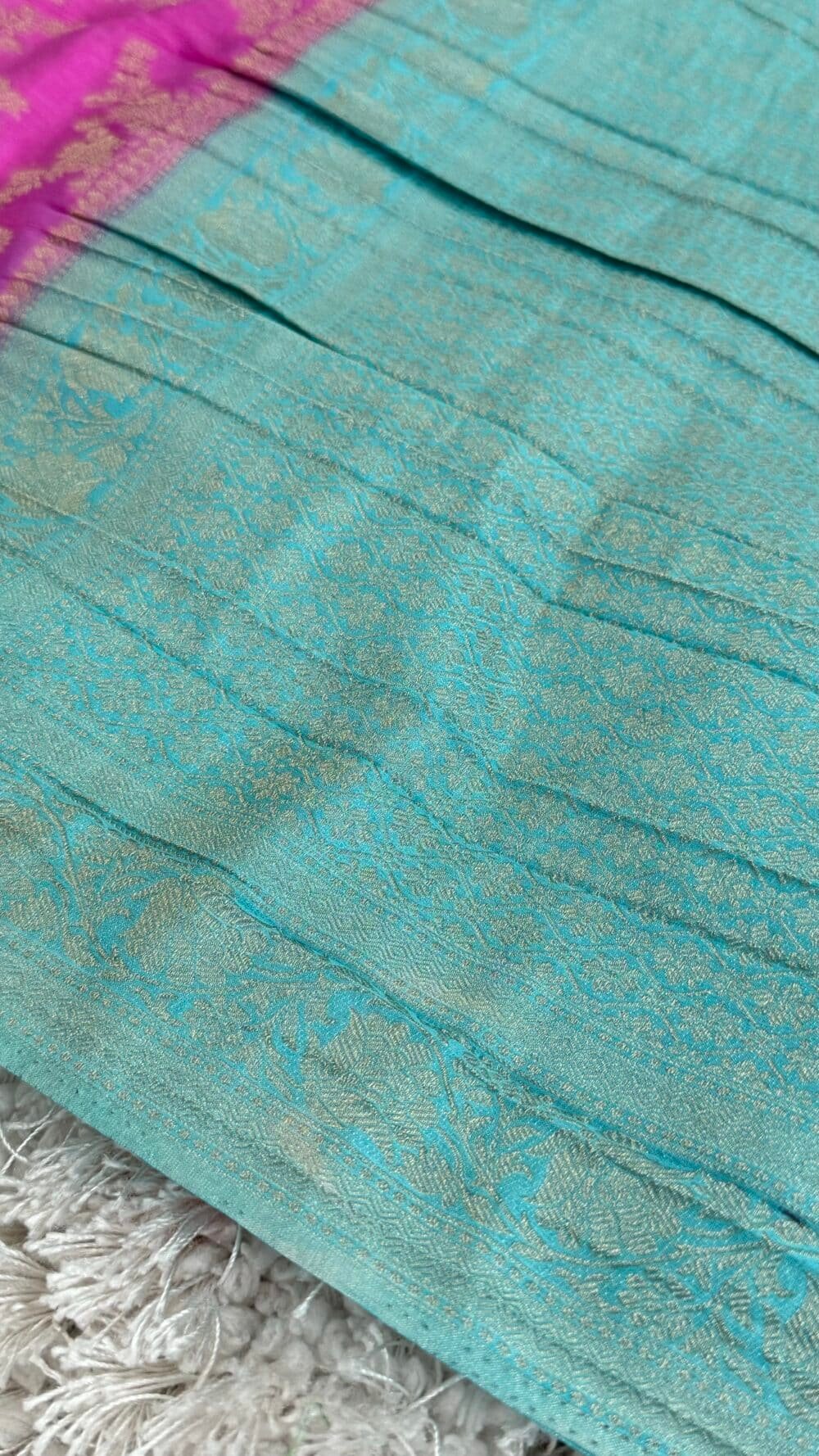Georgette Silk Crushed Banarasi Saree - Candy Pink with Ice Blue Border - Image 3