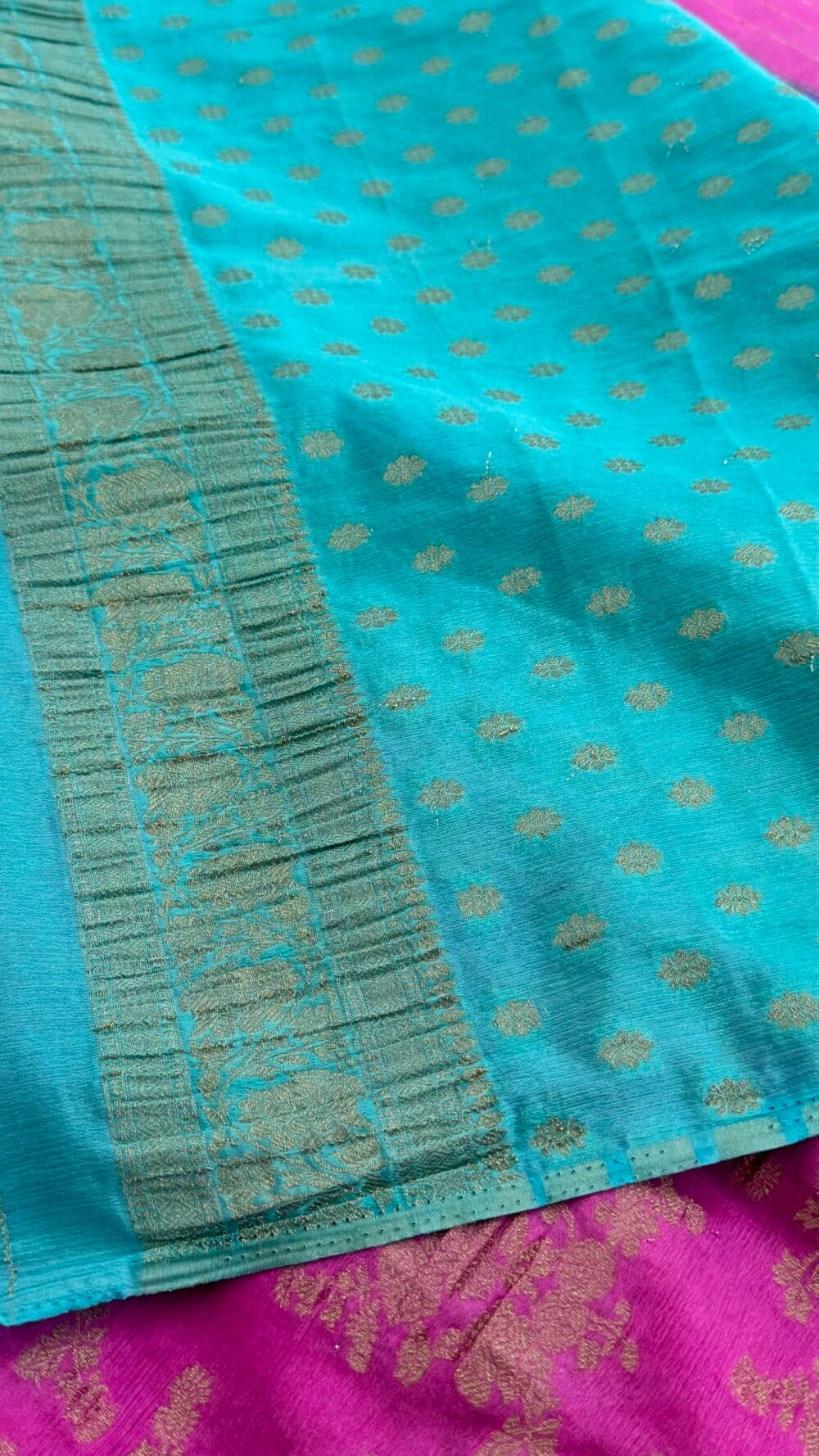 Georgette Silk Crushed Banarasi Saree - Candy Pink with Ice Blue Border - Image 7