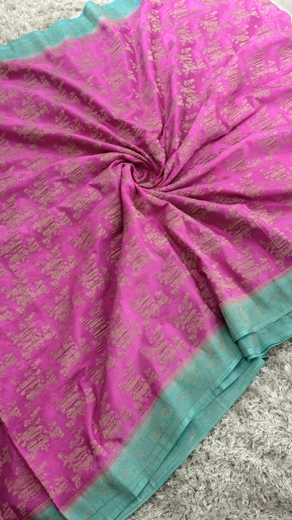 Georgette Silk Crushed Banarasi Saree - Candy Pink with Ice Blue Border - Image 2