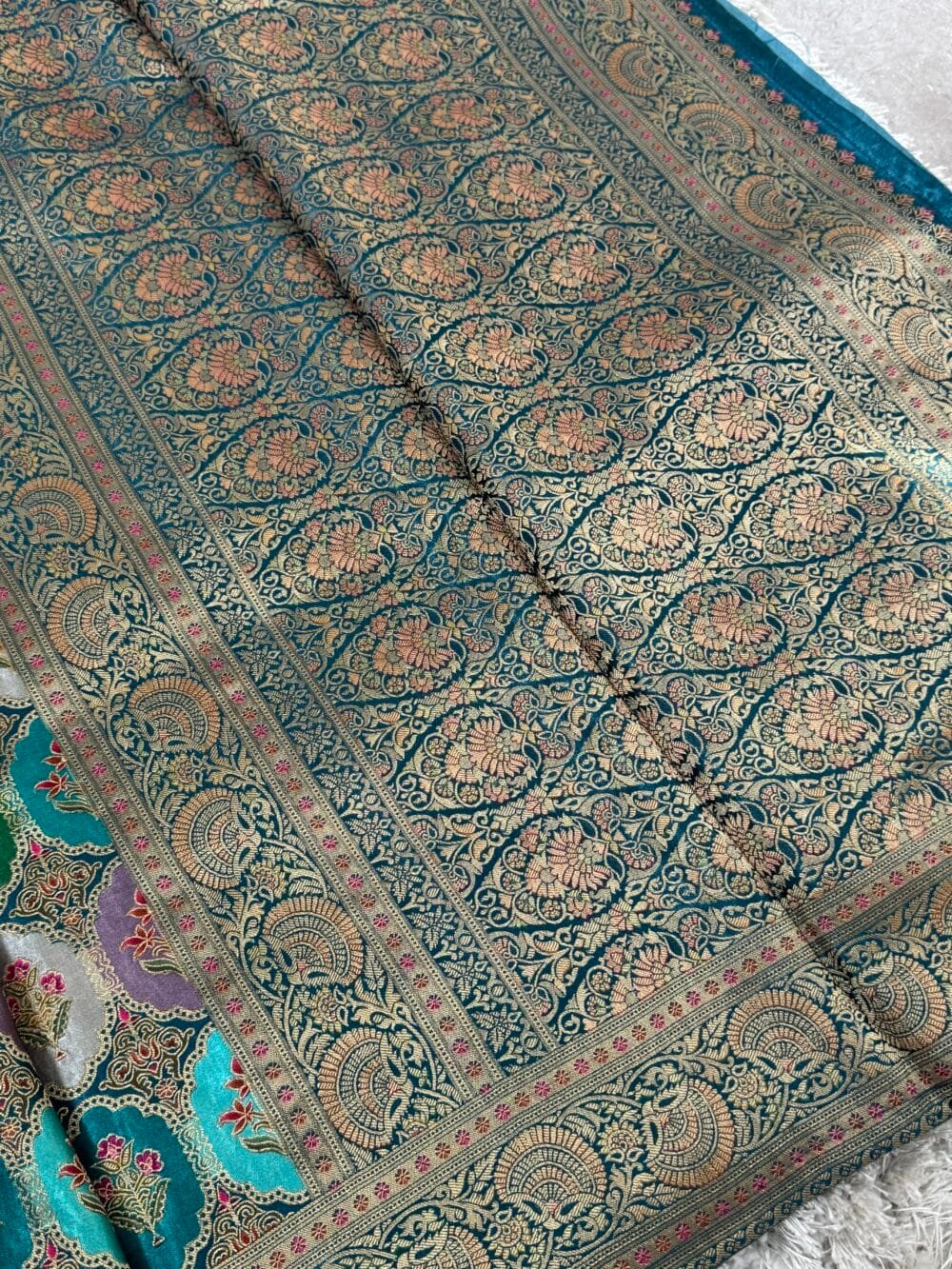 Pure Mashru Satin Silk Banarasi Saree - Kanchi Australia's Exclusive - Teal - Image 3