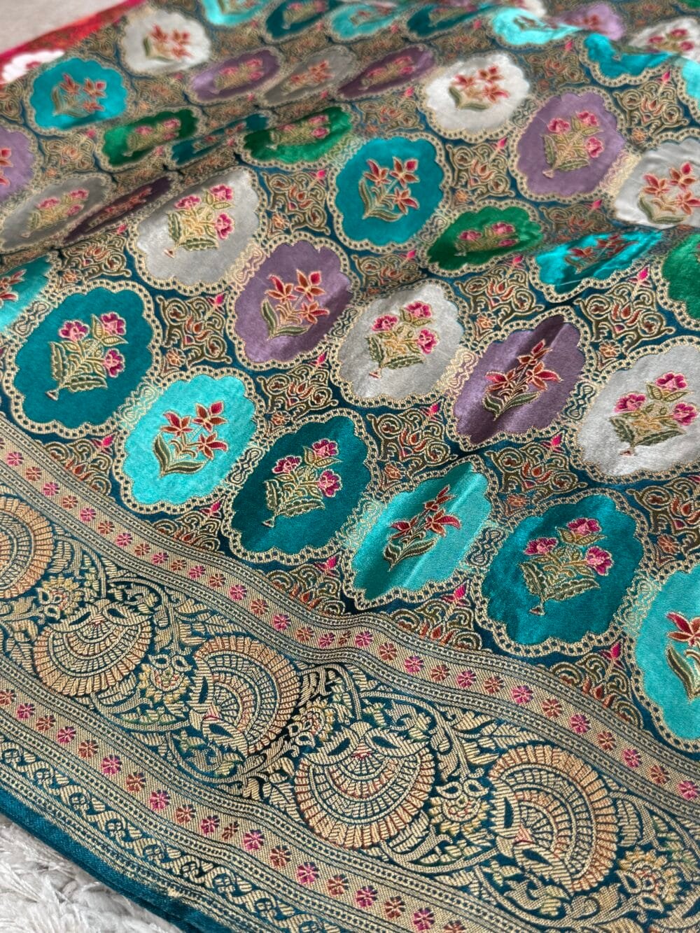 Pure Mashru Satin Silk Banarasi Saree - Kanchi Australia's Exclusive - Teal - Image 5