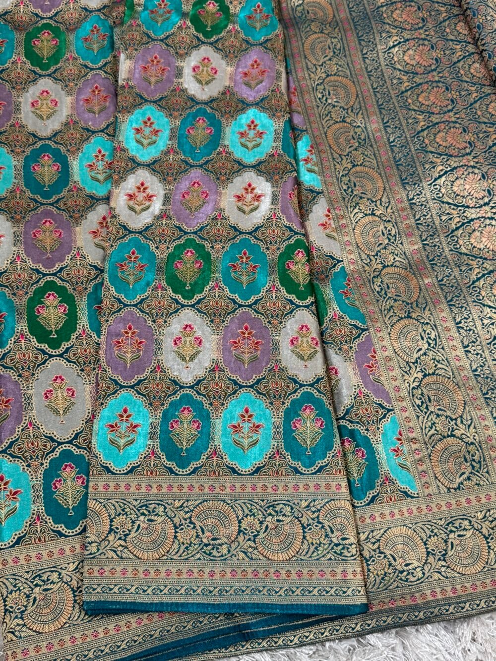 Pure Mashru Satin Silk Banarasi Saree - Kanchi Australia's Exclusive - Teal - Image 6