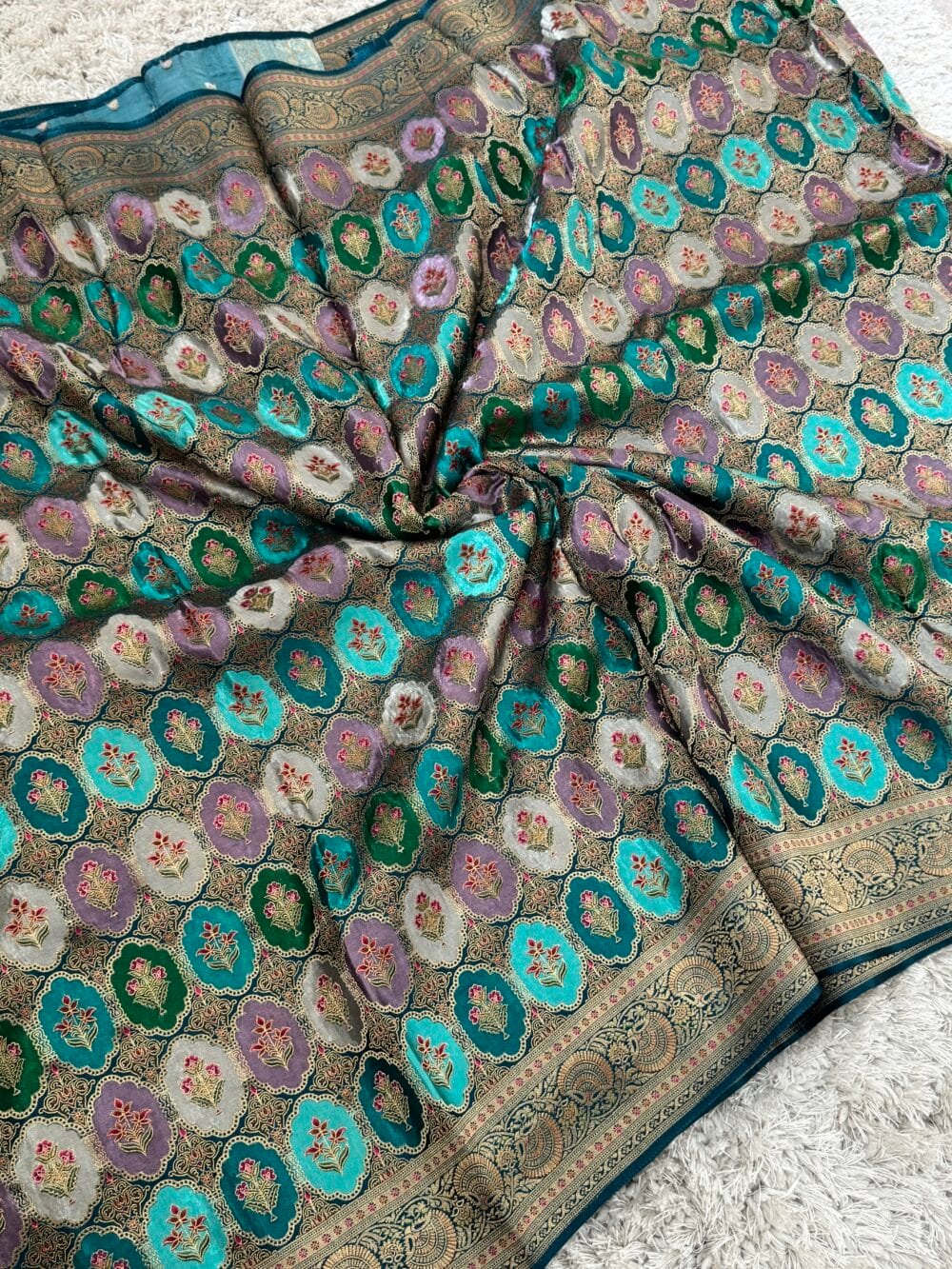Pure Mashru Satin Silk Banarasi Saree - Kanchi Australia's Exclusive - Teal - Image 8