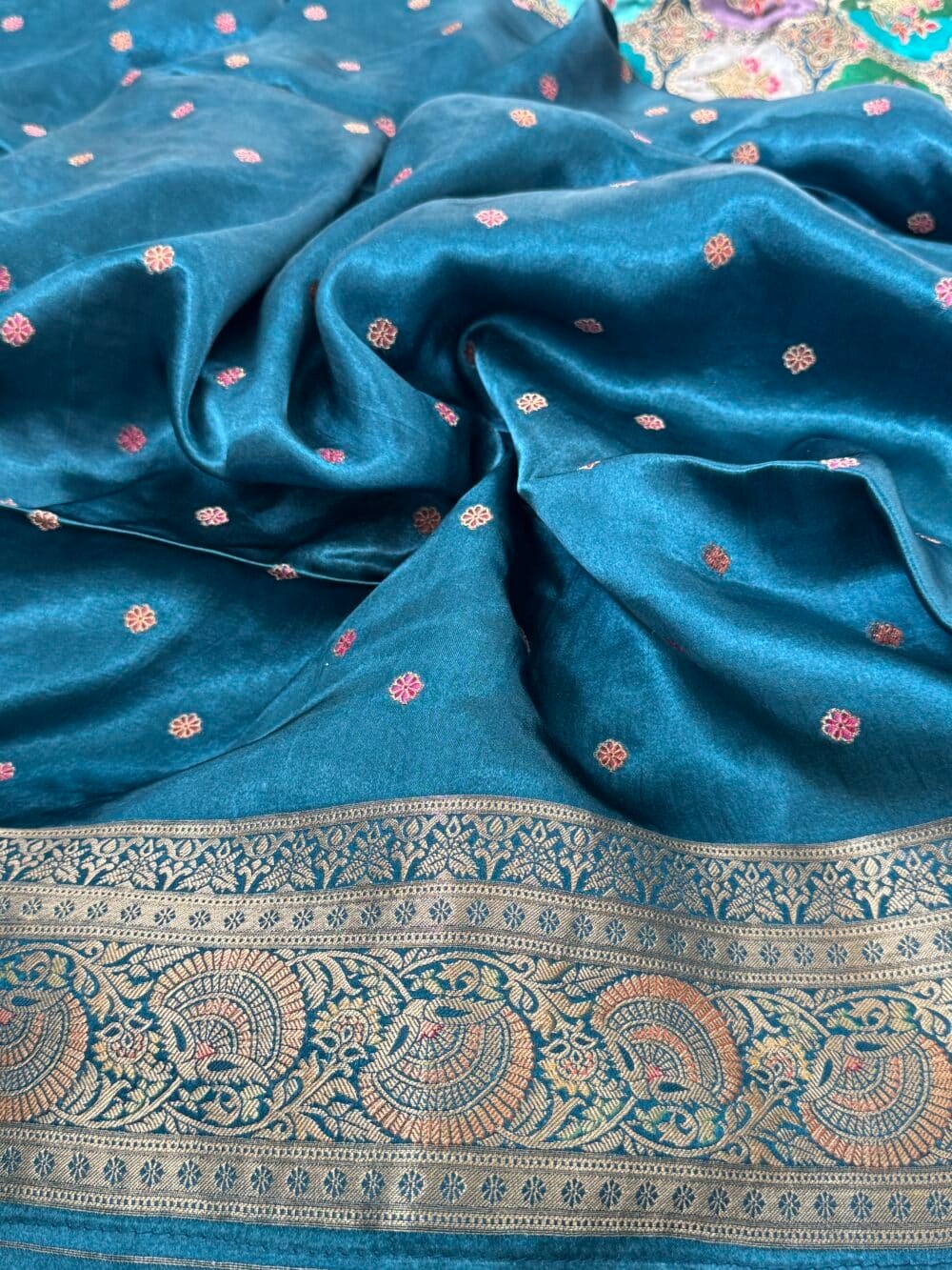 Pure Mashru Satin Silk Banarasi Saree - Kanchi Australia's Exclusive - Teal - Image 10