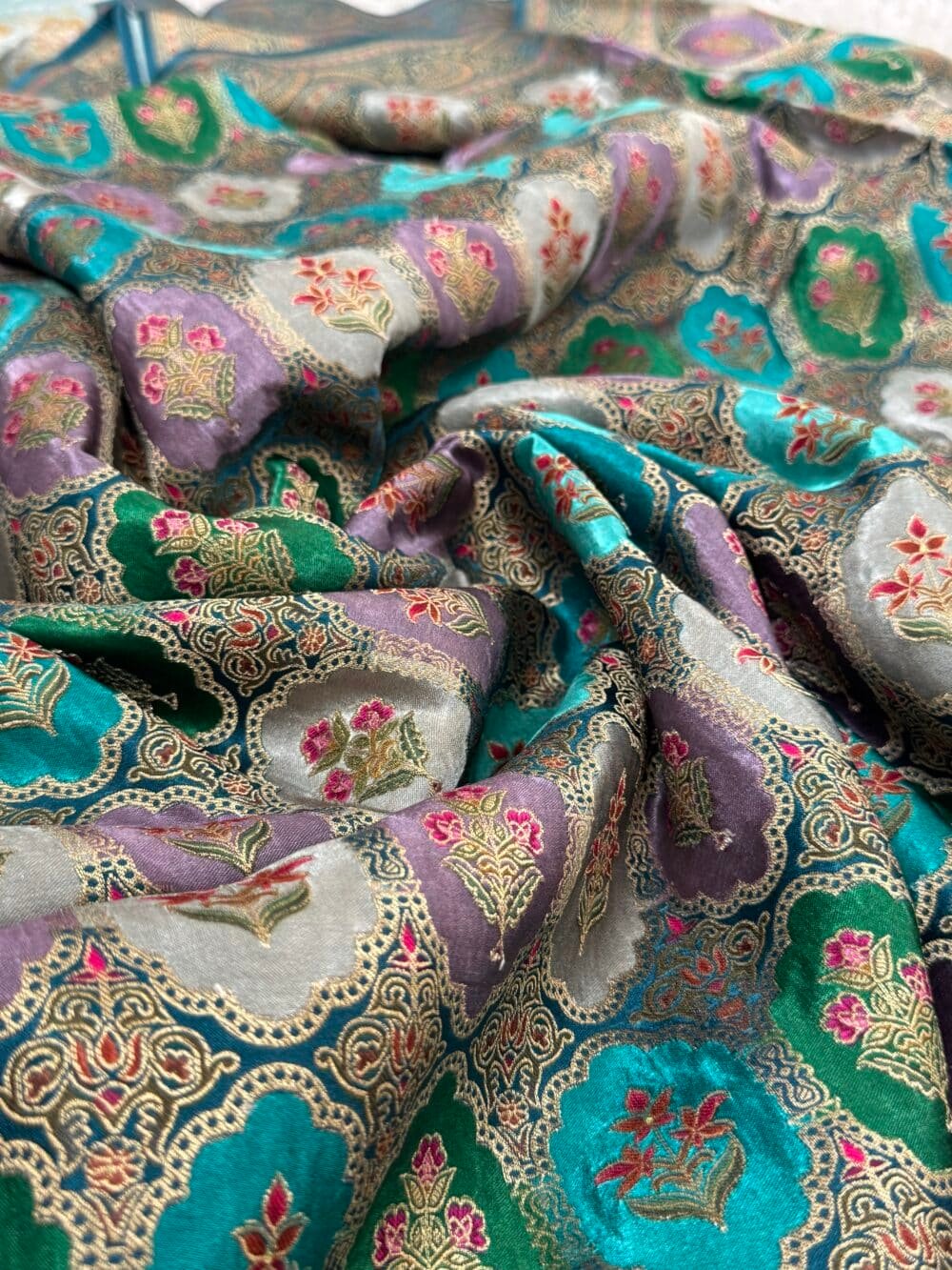 Pure Mashru Satin Silk Banarasi Saree - Kanchi Australia's Exclusive - Teal - Image 9