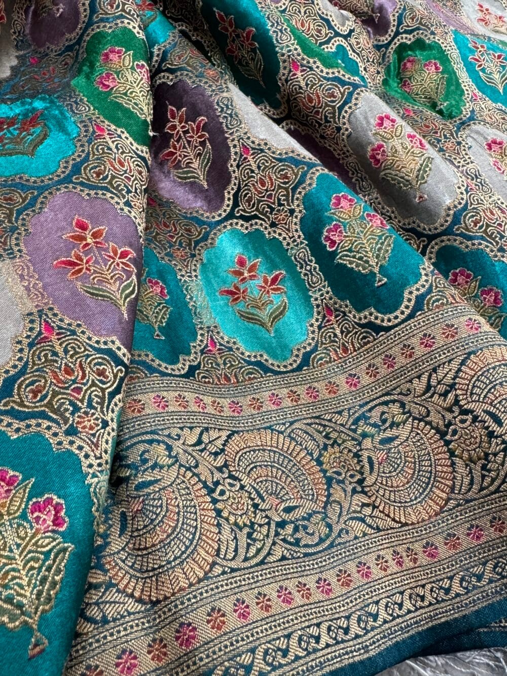 Pure Mashru Satin Silk Banarasi Saree - Kanchi Australia's Exclusive - Teal - Image 2