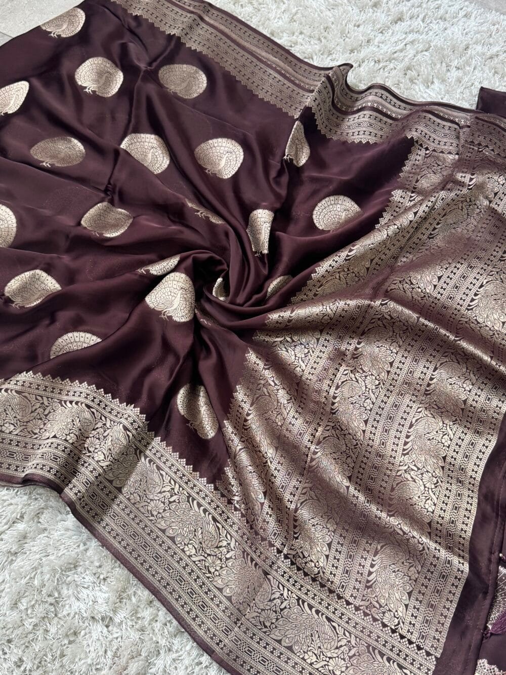 Pure Satin Silk Banarasi Saree - Kanchi Australia's Exclusive - Coffee Brown - Image 5