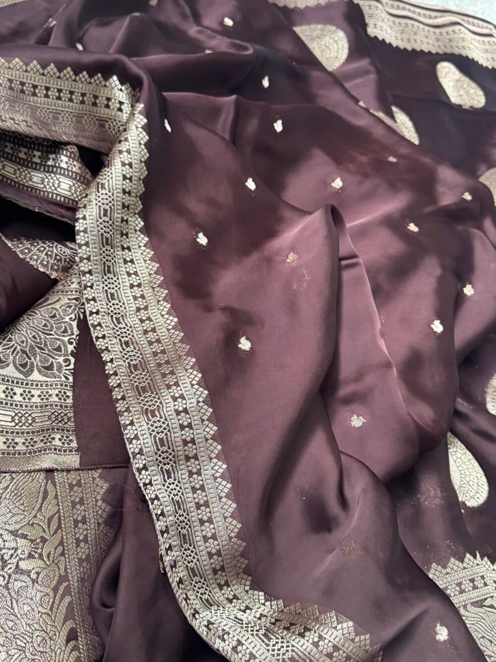 Pure Satin Silk Banarasi Saree - Kanchi Australia's Exclusive - Coffee Brown - Image 6