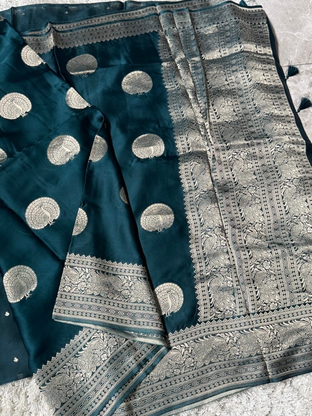 Pure Satin Silk Banarasi Saree - Kanchi Australia's Exclusive - Peacock blue