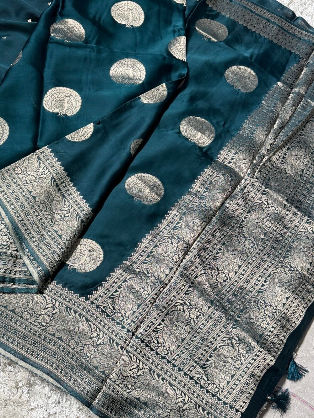Pure Satin Silk Banarasi Saree - Kanchi Australia's Exclusive - Peacock blue - Image 2