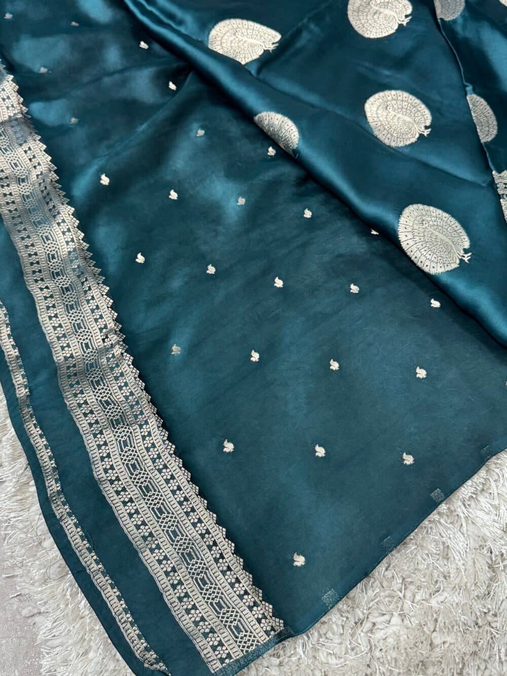Pure Satin Silk Banarasi Saree - Kanchi Australia's Exclusive - Peacock blue - Image 8