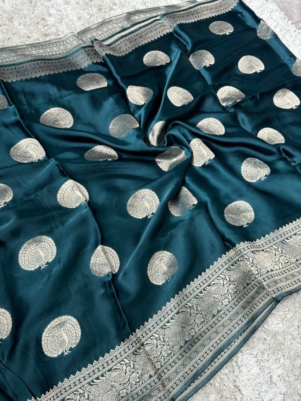 Pure Satin Silk Banarasi Saree - Kanchi Australia's Exclusive - Peacock blue - Image 3