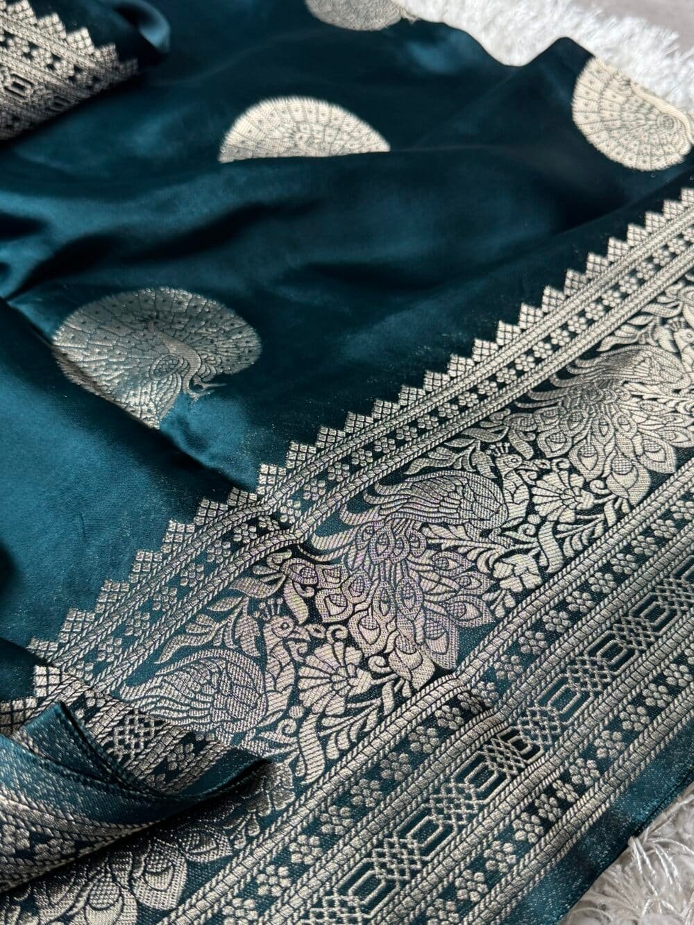 Pure Satin Silk Banarasi Saree - Kanchi Australia's Exclusive - Peacock blue - Image 6