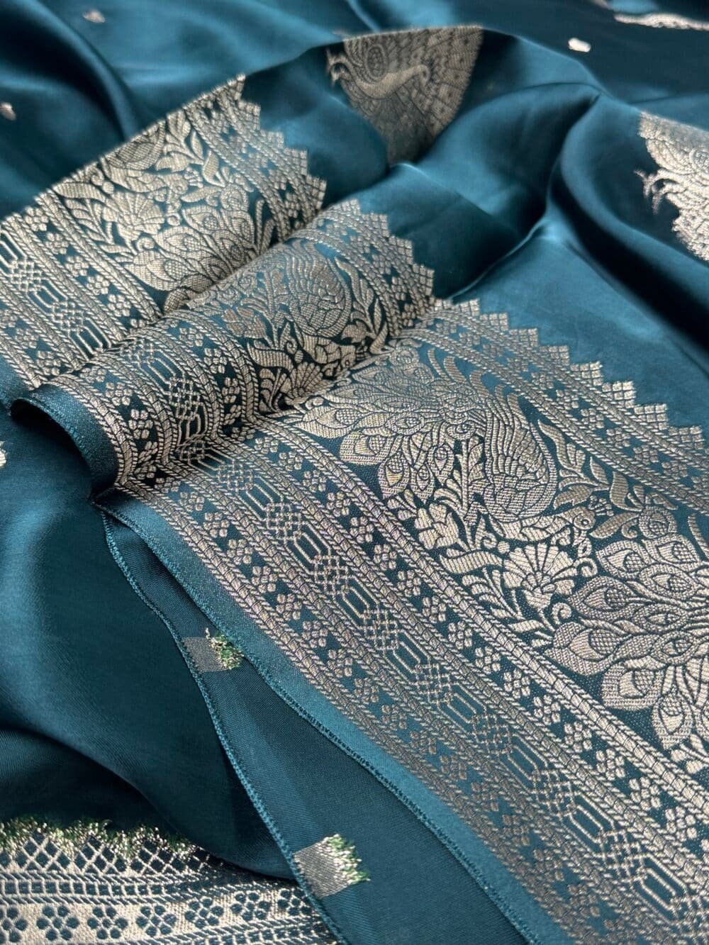 Pure Satin Silk Banarasi Saree - Kanchi Australia's Exclusive - Peacock blue - Image 5