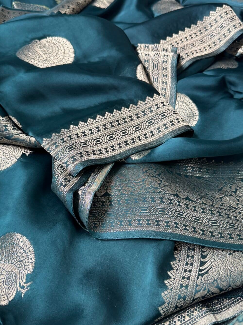 Pure Satin Silk Banarasi Saree - Kanchi Australia's Exclusive - Peacock blue - Image 4