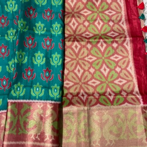 Soft silk saree with Ikkat prints - Blue and Pink