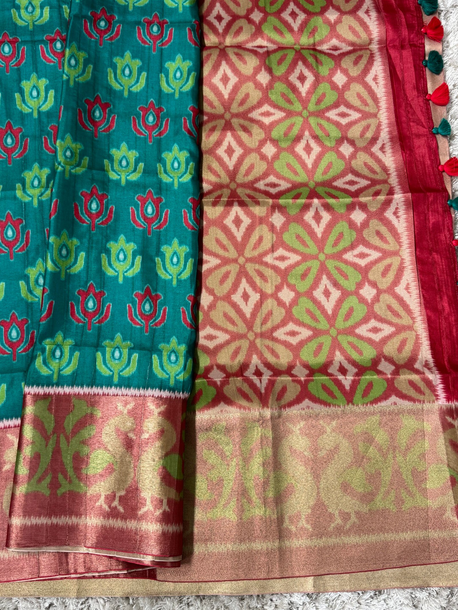 Soft silk saree with Ikkat prints - Blue and Pink