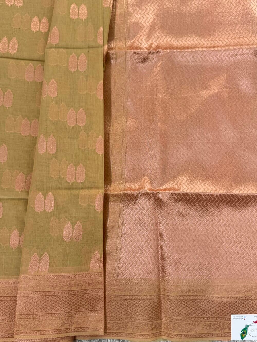 Cotton Silk Saree - Sage green with Rose gold Zari