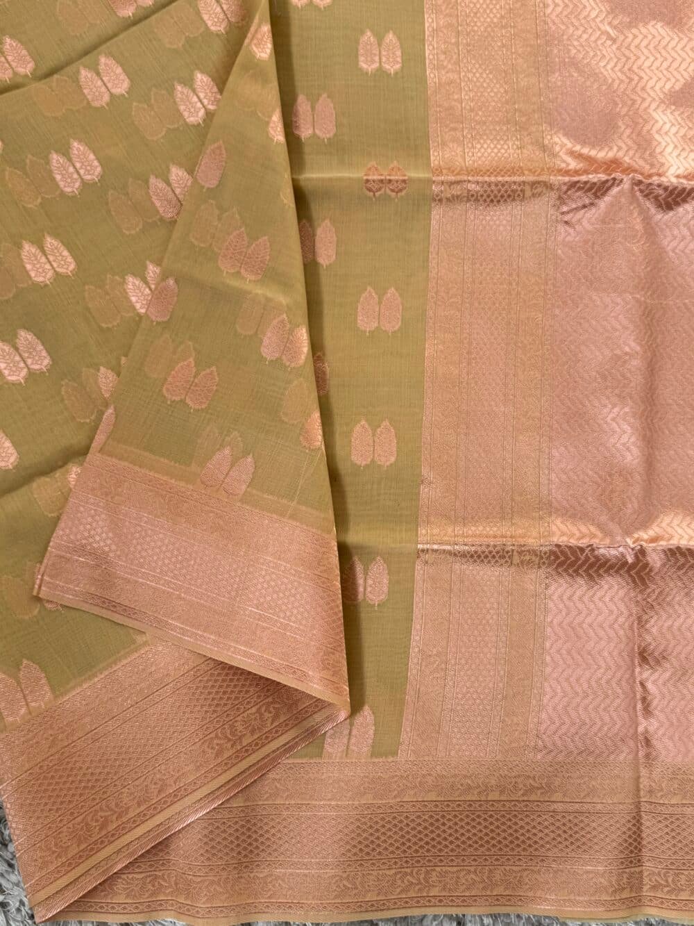 Cotton Silk Saree - Sage green with Rose gold Zari - Image 2