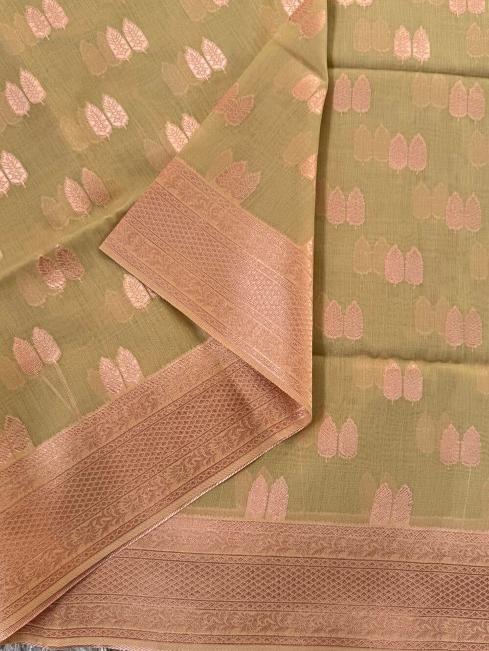 Cotton Silk Saree - Sage green with Rose gold Zari - Image 4