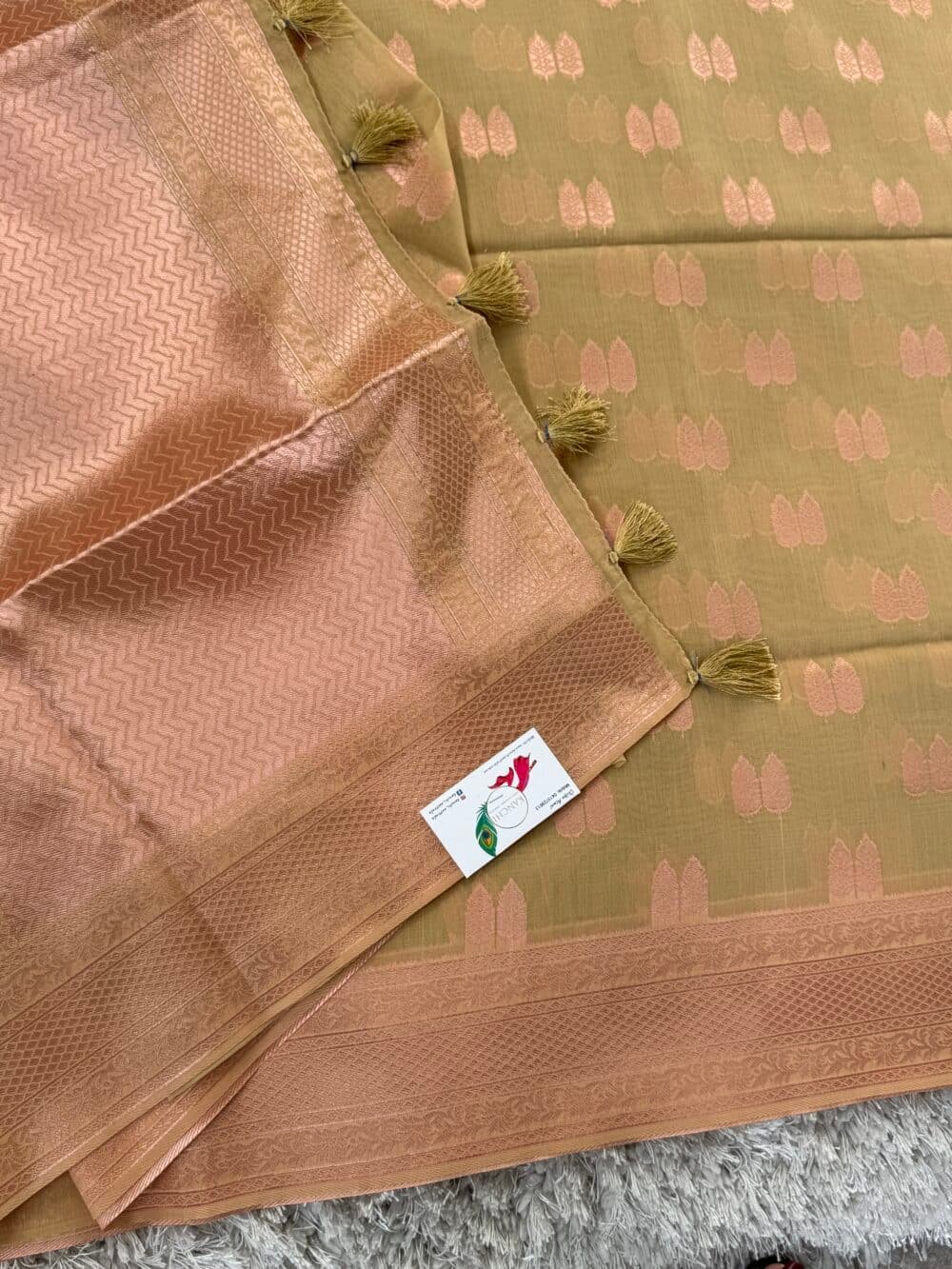 Cotton Silk Saree - Sage green with Rose gold Zari - Image 5